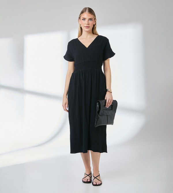 Gauze Shirred Waist Detail Midi Dress
