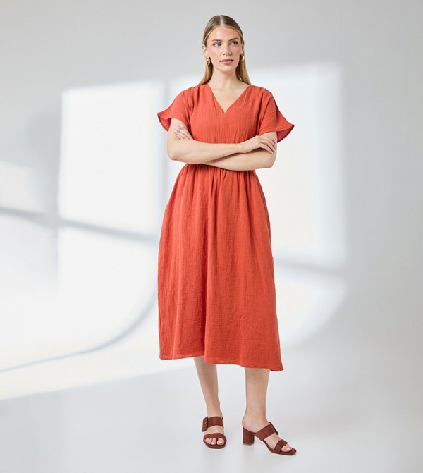 Gauze Shirred Waist Detail Midi Dress