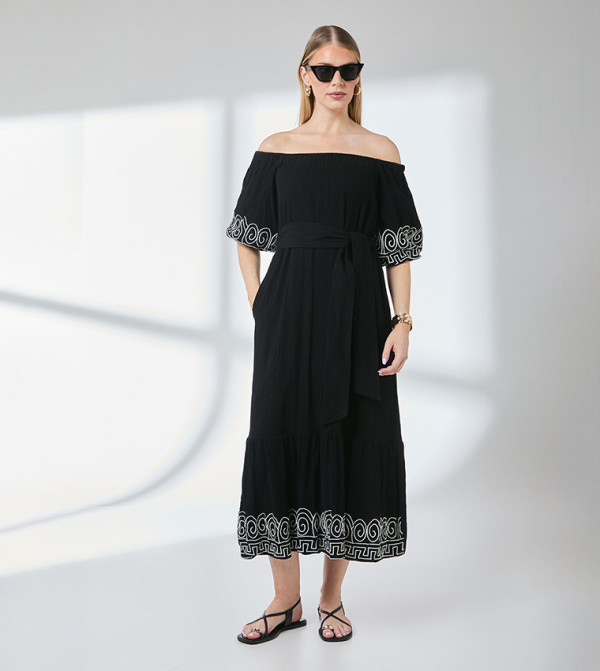 Crinkle Viscose Bardot Bubble Hem Midaxi Dress