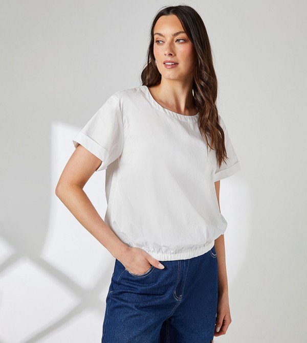 Cotton Elasticated Hem Crew Neck Top