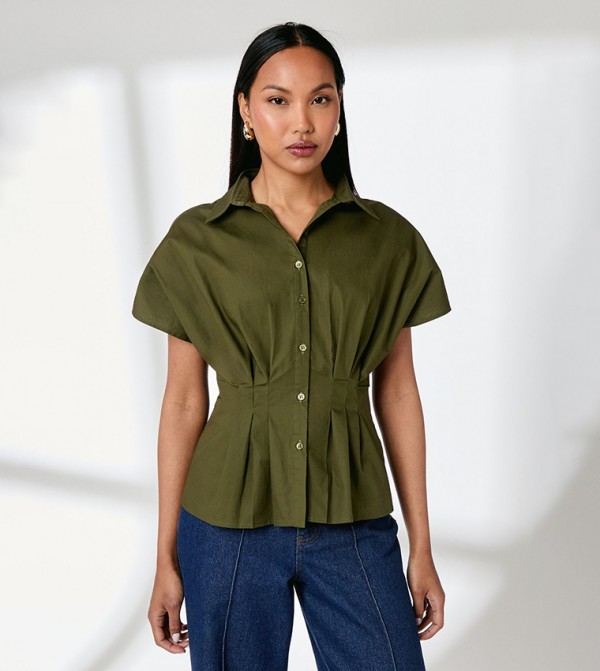 Collared Pleat Detail Short Sleeves Shirt