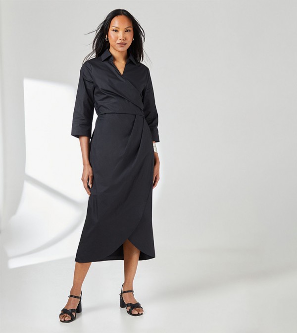 Wrap 3/4 Sleeves Midi Shirt Dress