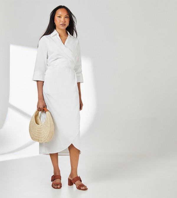 Wrap Skirt Collared Midi Shirt Dress