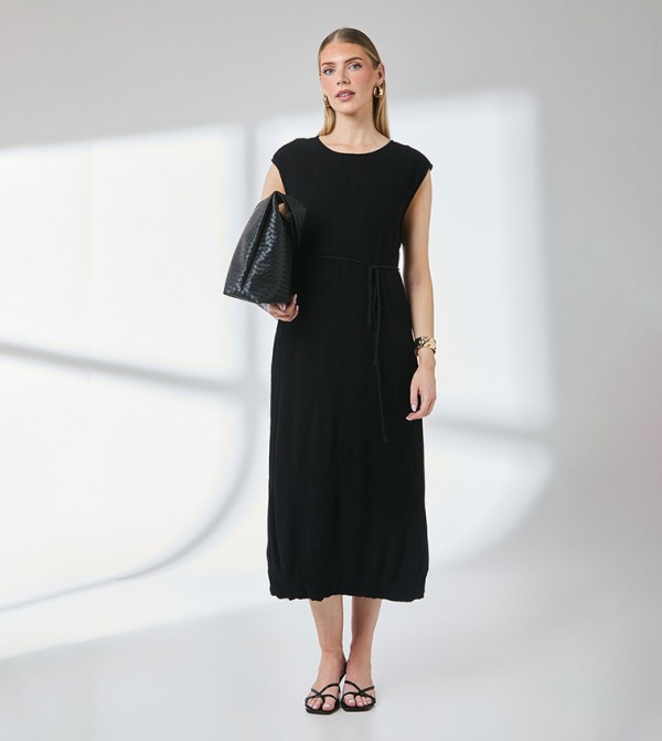 Crinkle Viscose Tie Waist Column Midi Dress