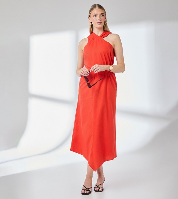 Ruched Linen Asymmetric Hem Halterneck Midaxi Dress