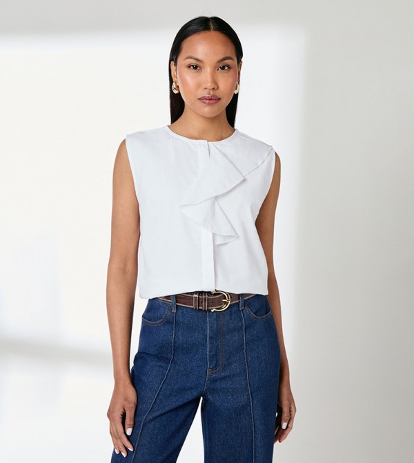 Linen Blend Ruffle Detail Top