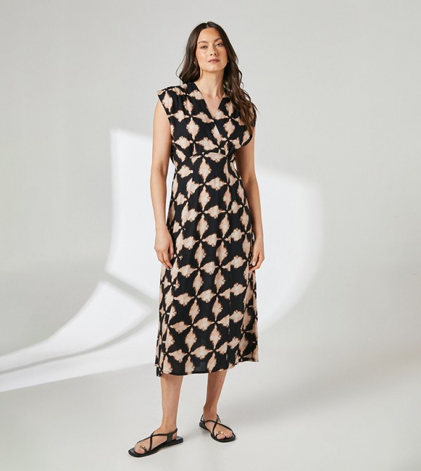 Printed Lapel Detail Midi Dress