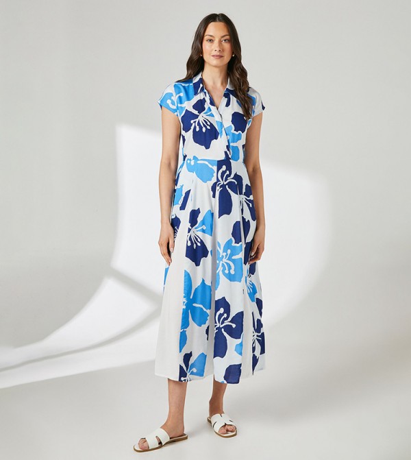 Floral Print Godet Detail Wrap Bodice Midi Dress