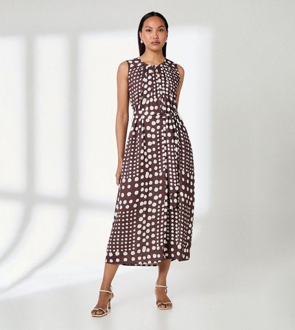 Brown Spot Print Wrap Tie Detail Midi Dress