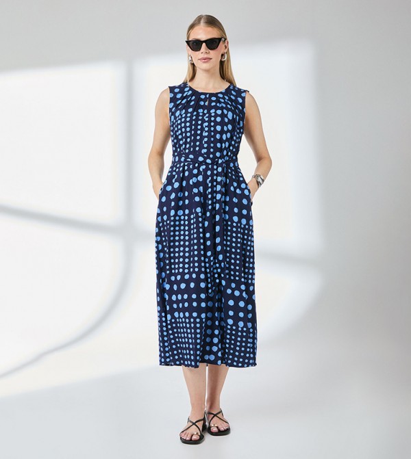 Spot Print Wrap Tie Detail Midi Dress