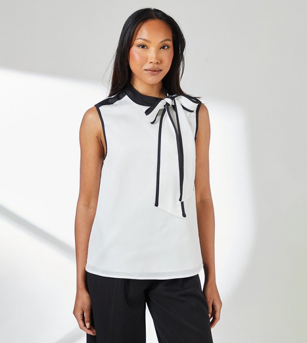 Mono Satin Sleeveless Contrast Detail Tie Neck Top