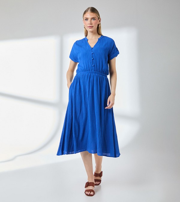 Elasticated Waist Crinkle Viscose Midi Dress