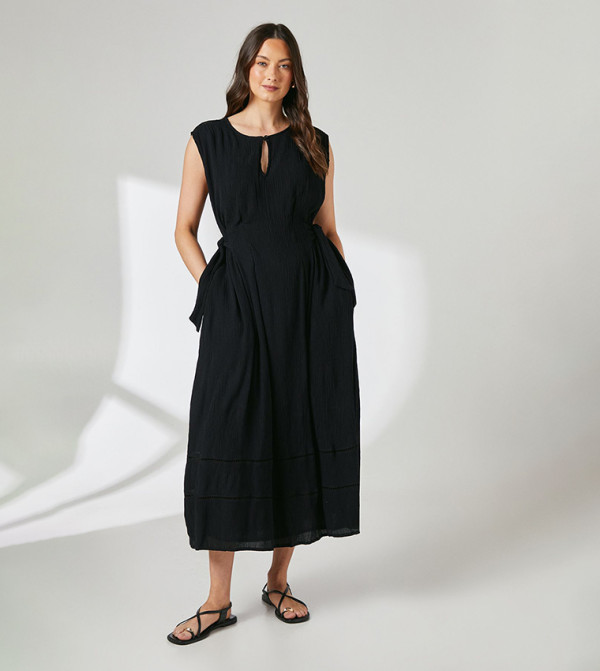 Ladder Trim Tie Detail Midi Dress