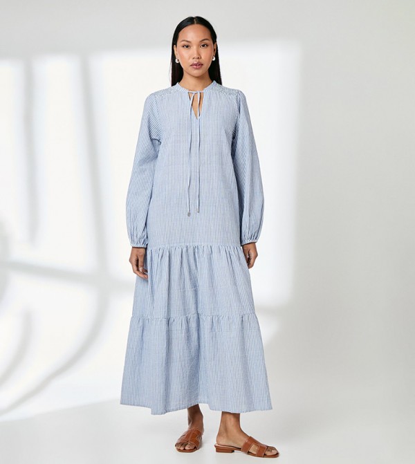 Striped Tie Front Blouson Sleeves Maxi Dress