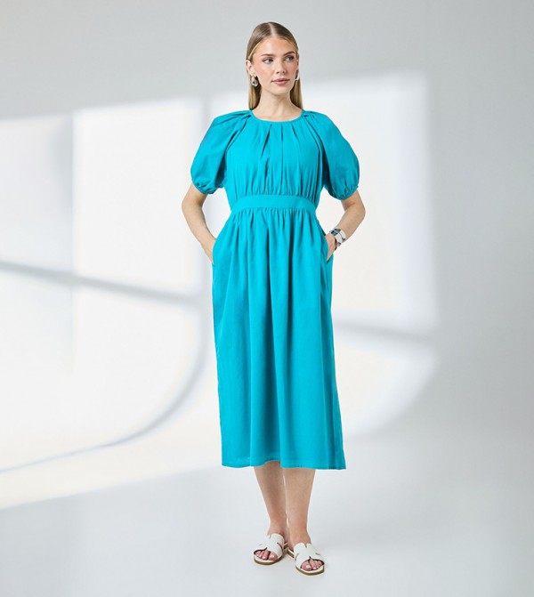 Puff Sleeves Waistband Detail Midi Dress