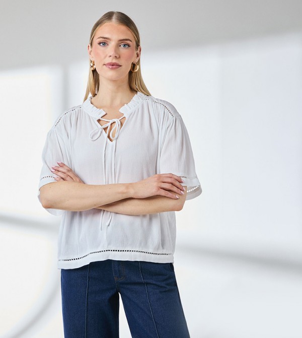 Ladder Trim Tie Front Short Sleeves Top