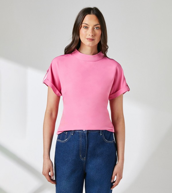 Solid High Neck Detail Crepe Top