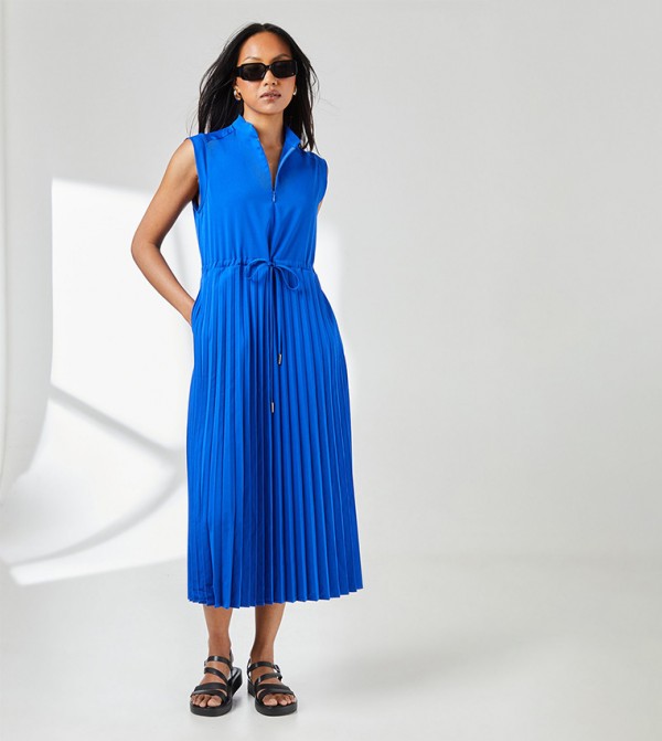 Pleated Zip Front Midi Dress