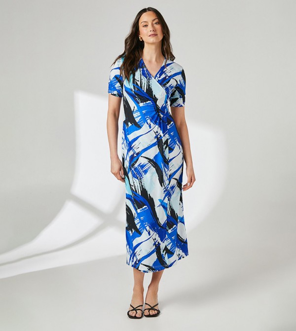 Abstract Print Wrap Jersey Midi Dress