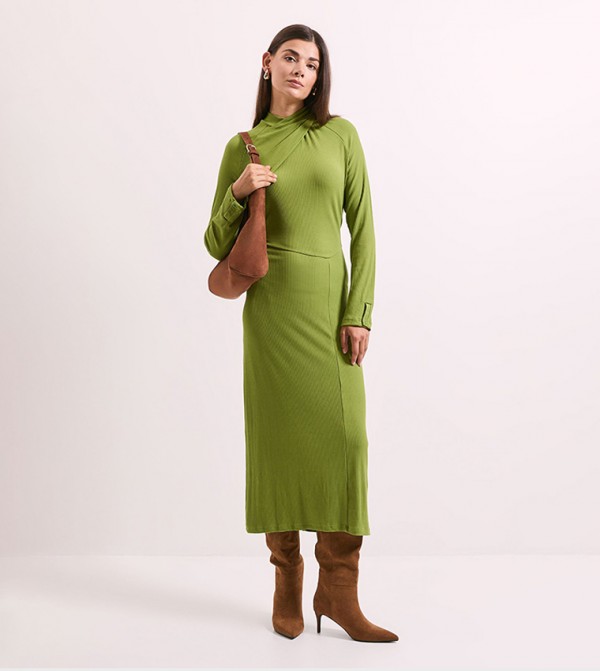 Twist Detail Ribbed Long Sleeves Midi Dress
