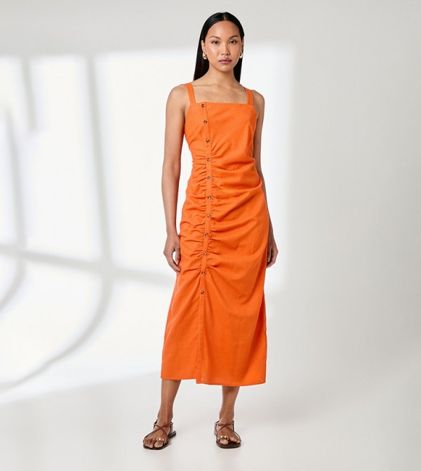 Button Detail Square Neck Linen Blend Midi Dress