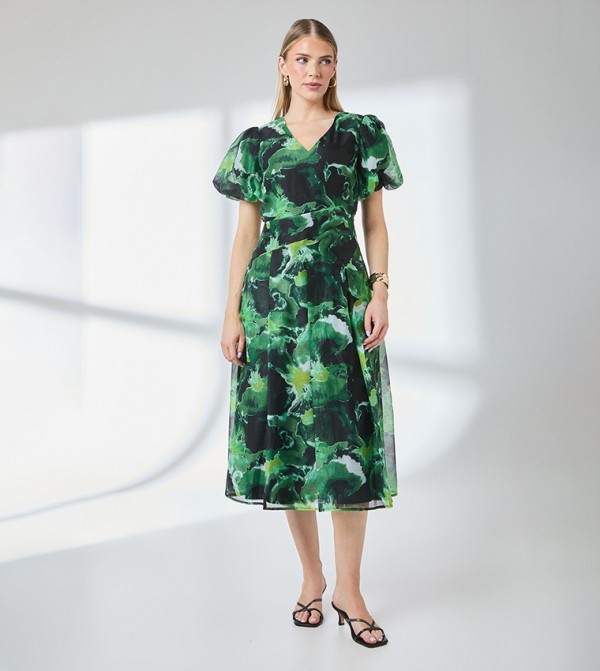 Floral Print  Seam Detail Puff Sleeves Midi Dress