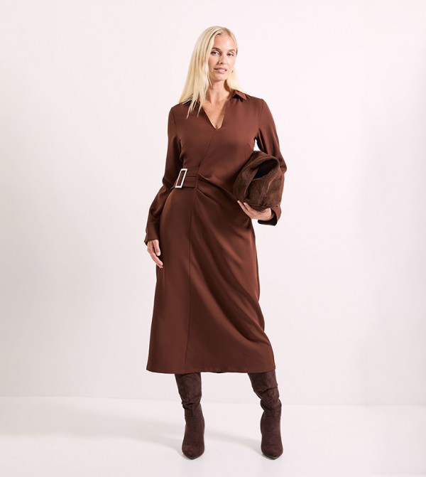 Wrap Buckle Detail Crepe Midi Dress