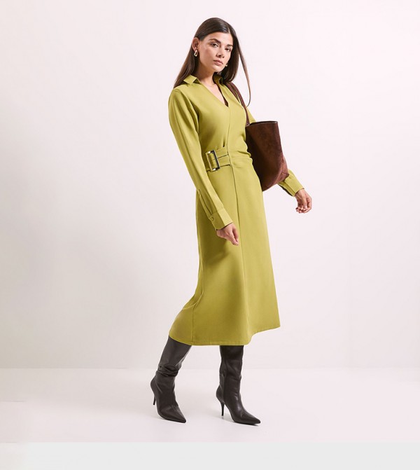 Chartreuse Wrap Buckle Detail Crepe Midi Dress