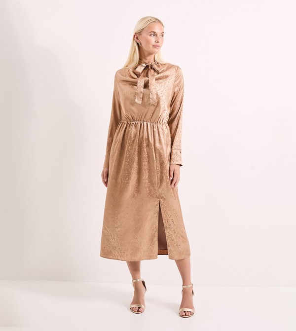 Cowl Tie Neck Satin Jacquard Midi Dress