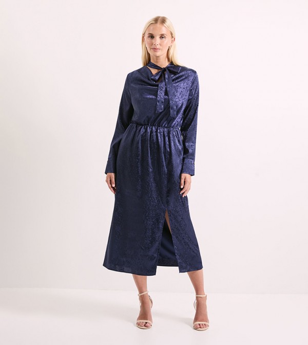 Cowl Tie Neck Satin Jacquard Midi Dress