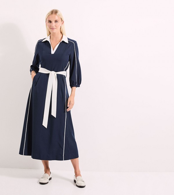 Piping Detail Contrast Collar Midi Dress