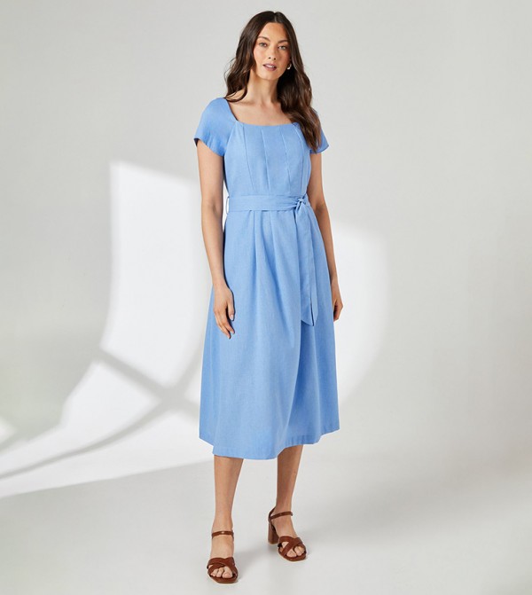 Square Neck Cap Sleeves Belted Linen Midi Dress