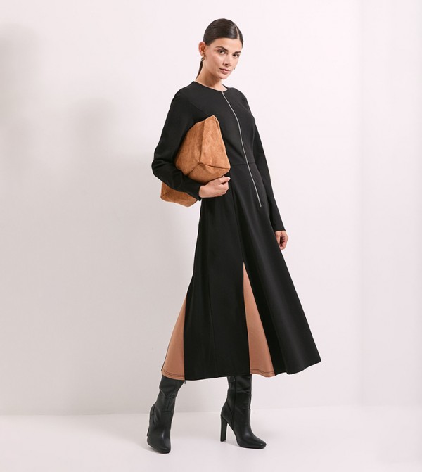 Contrast Godet Detail Zip Front Midi Dress