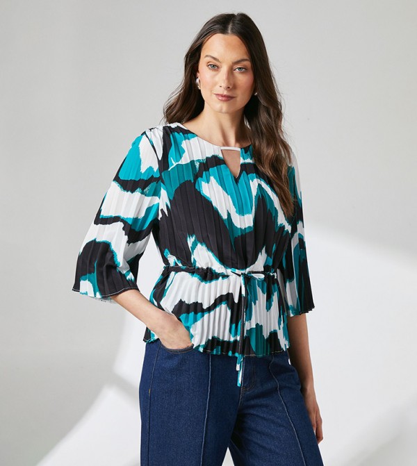 Printed Pleated Drawstring Waist Crepe Top