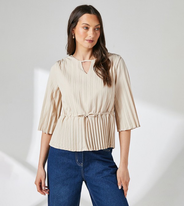 Pleated Drawstring Waist Crepe Top