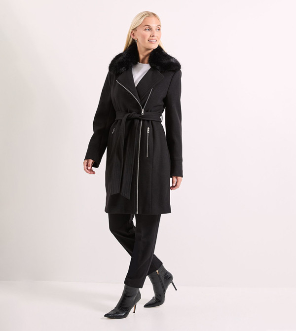 Faux Fur Collar Belted Biker Coat