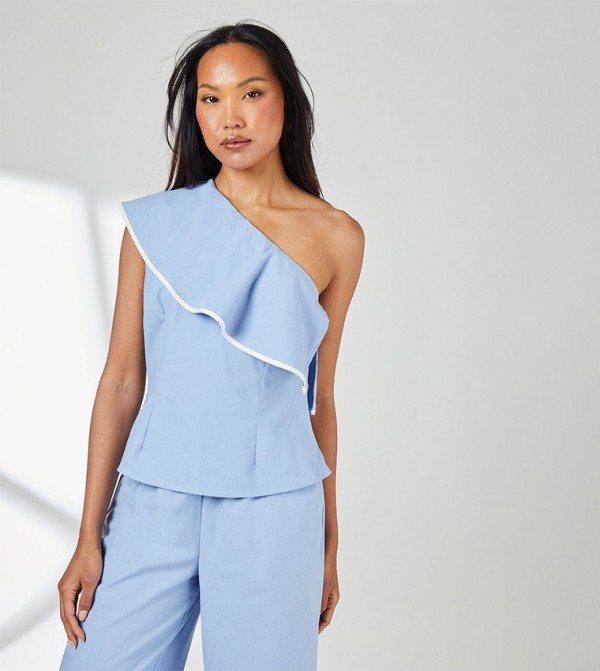 Contrast Detail One Shoulder Frill Linen Top