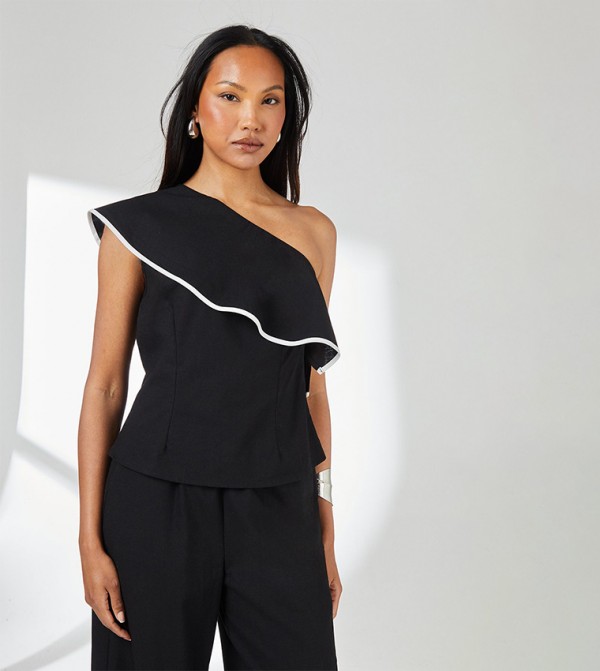 Contrast Detail One Shoulder Frill Linen Top