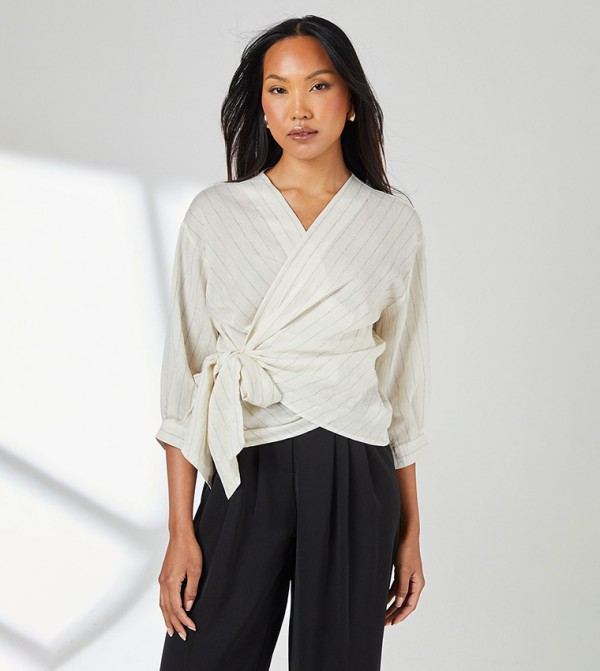 Striped Linen Blend Wrap Top