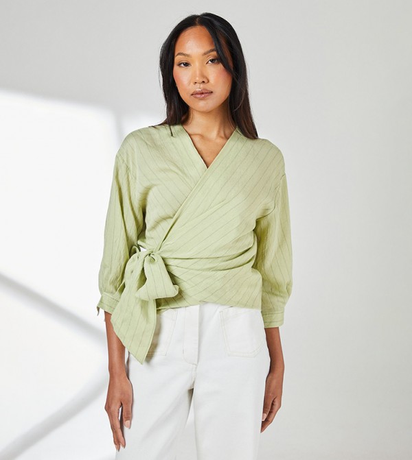 Striped Linen Blend Wrap Top