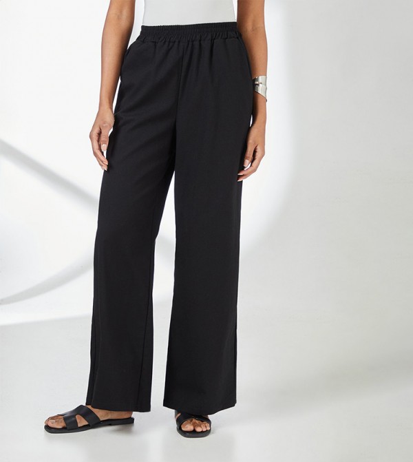 Elastic Waist Mid Rise Linen Trousers