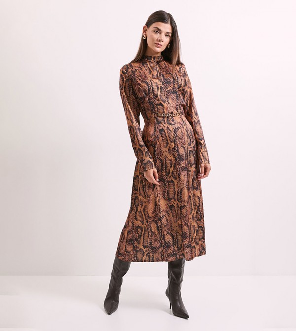 Snake Printed Chain Detail Satin Column Midi Dress