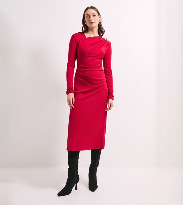 Solid Buckle Detail Ponte Midi Dress