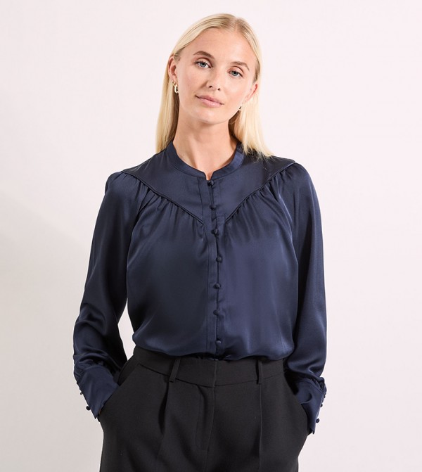 Hammered Satin Piped Detail Long Sleeves Shirt