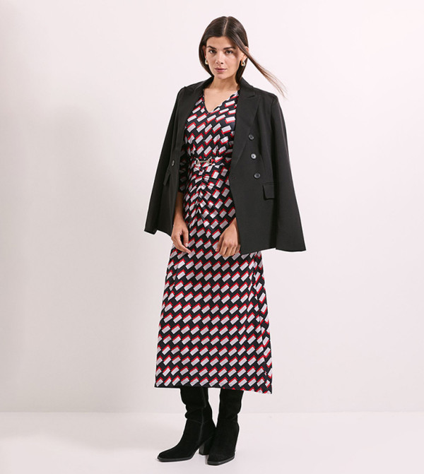 Printed Ruched Front Trim Detail Midi Dress