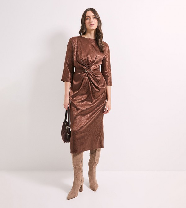 Buckle Detail Twist Front Satin Jacquard Midi Dress