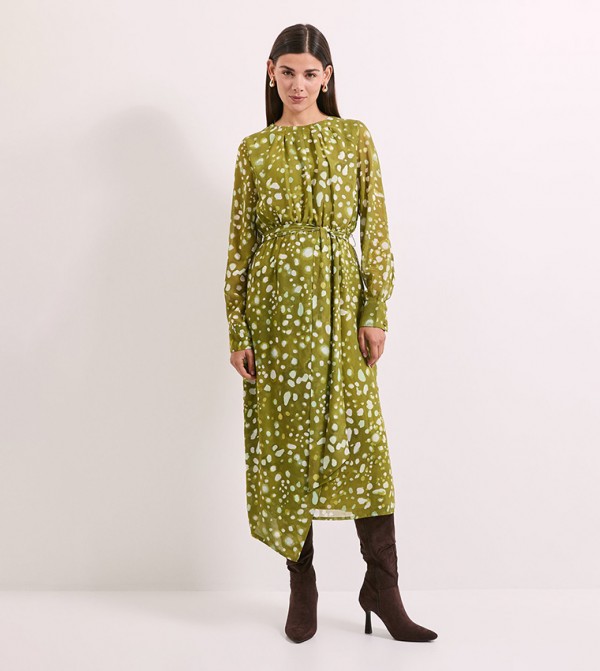 Printed Pleat Neck Drape Midi Dress