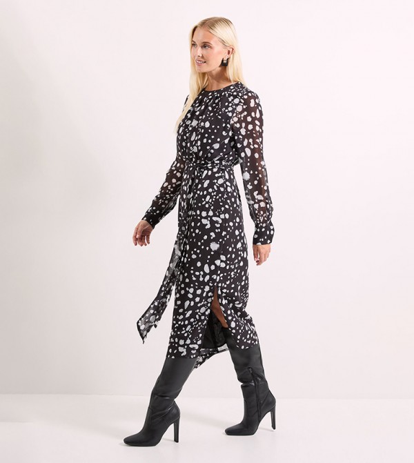Printed Pleated Neck Drape Midi Dress