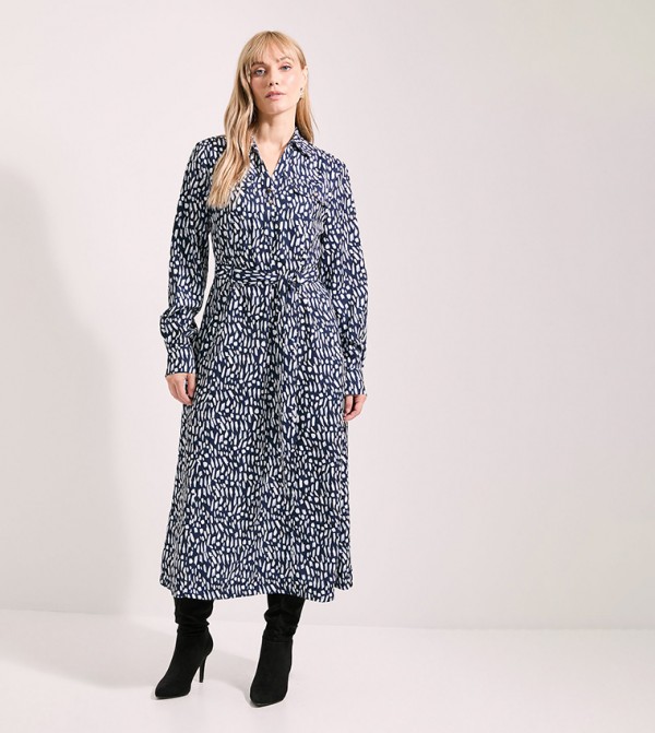 Printed Tie Waist Crepe Shirt Midi Dress