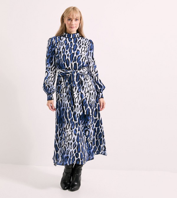Leopard Print Piping Detail Tie Waist Midi Dress
